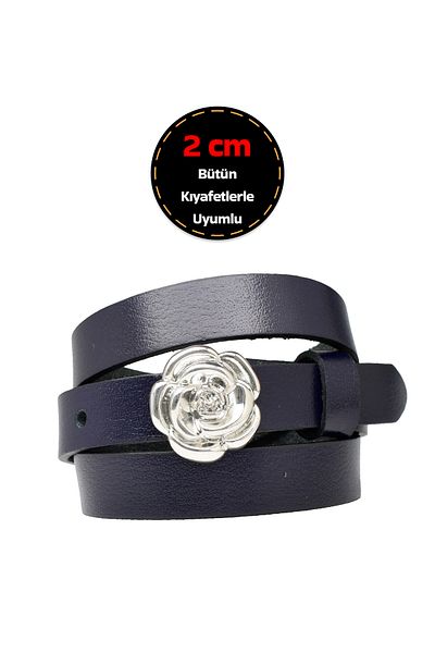 GoDeri 100% piele naturală, curea subțire de 2 cm bleumarin pentru femei cu cataramă argintie; centura rochie, centura pantalonii ROSE