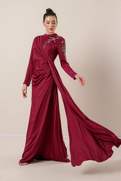 By Saygı Stone Embroidered Front Gathered Lined Crepe Satin Hijab Dress