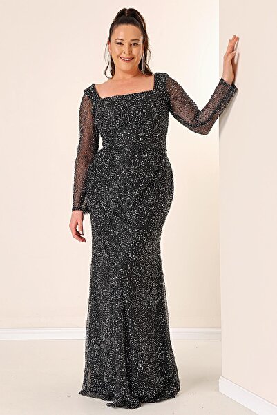 By Saygı Square Neck Lined Cut Jewelled Large Size Long Dress