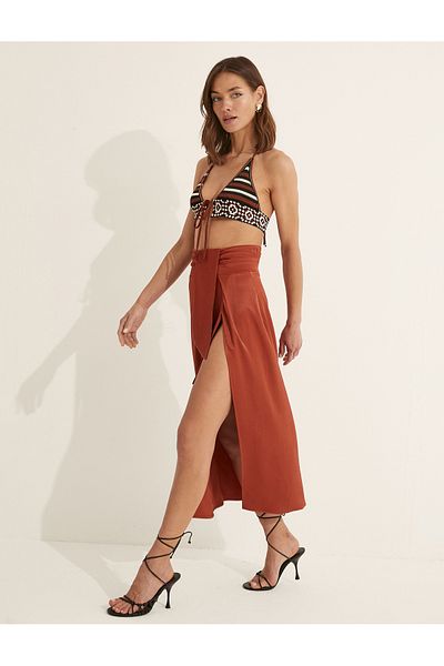 Koton Melis Ağazat X Koton - Slit Belted Midi Skirt