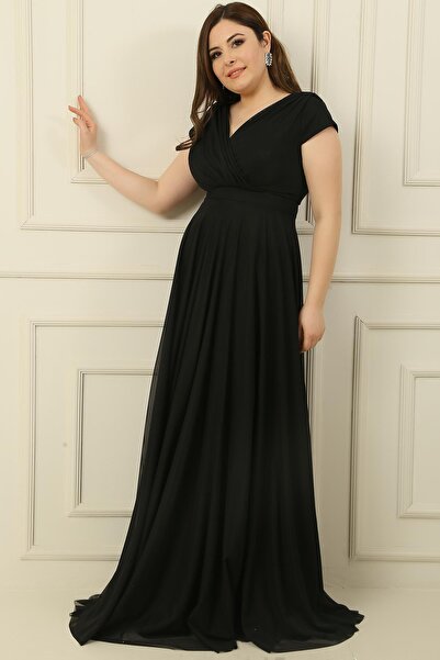 By Saygı Двуредна яка, подплатена с нокти, ръкави, пълен кръг, разкроена, шифон, тюл, дълга рокля с голям размер