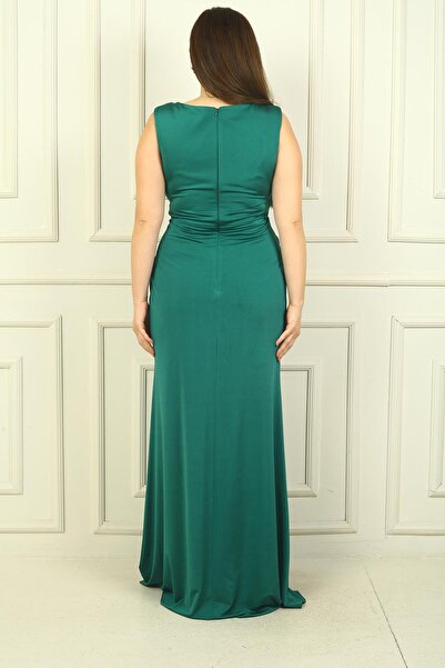 By Saygı Γυναικείο φόρεμα με λαιμόκοψη με λαιμόκοψη Lycra με αγκράφα με σχισμή Sandy Plus Size Μακρύ γυναικείο φόρεμα