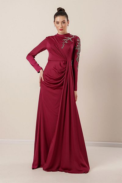 By Saygı Stone Embroidered Front Gathered Lined Crepe Satin Hijab Dress