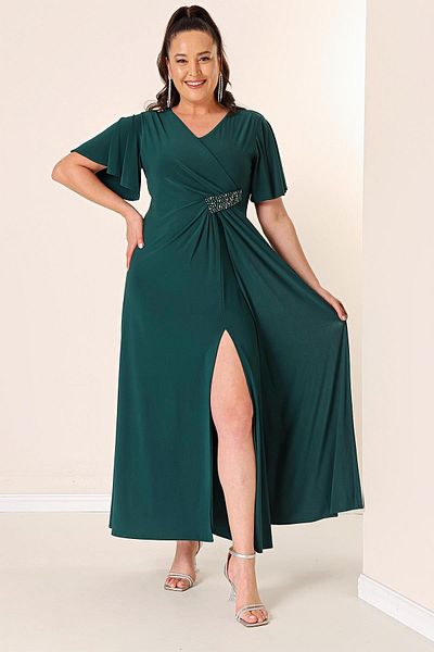 By Saygı Plus Size Long Sandy Dress with V-neck Waist Jewelled Lining and Slit on the Front