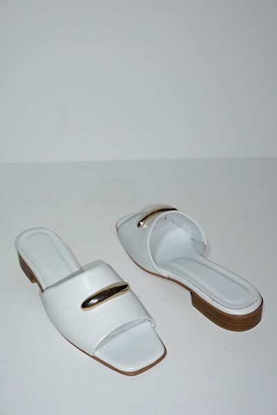ERS Air Comfort Women's White Genuine Leather Gold Buckle Detailed Stylish Slippers K.358-01