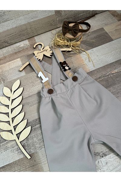 Feriatolye Smoke Color Salopet and Sea Sand Color Strap Teddy Bear Concept 1-2-3 Years Old Set for Baby Boy