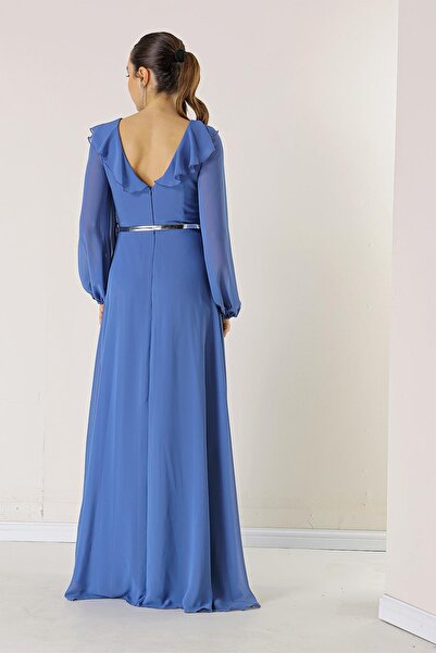 By Saygı Šifonové dlouhé šaty s balonovým rukávem vpředu