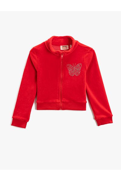 Koton Langärmliger Fleece-Cardigan mit hohem Kragen, Reißverschluss und Schmetterlingsstickerei