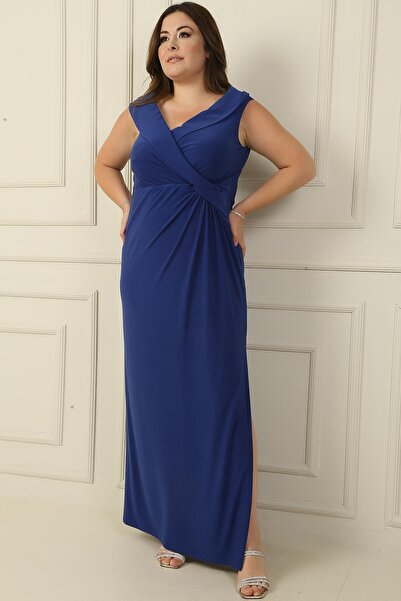 By Saygı Plus Size Lycra Long Dress - Double Breasted Collar and Knot Detail