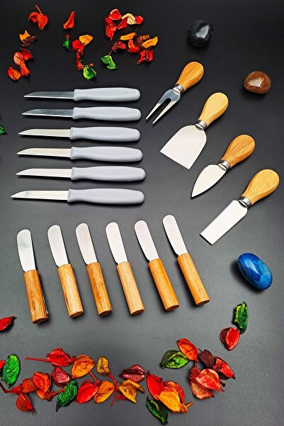 SWENCRAFT 16 Pieces of 4 Pieces of Cheese Knife Set with Bamboo Handle 6 Pieces of Butter, Jam, Chocolate Knife 6 Pieces of Fruit Knife
