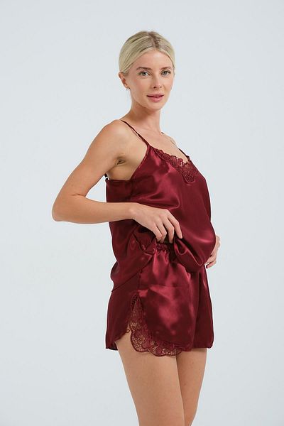 C&City Spitzendetaillierter Satin-Shorts-Nachthemd-Anzug mit Seilträgern 028 Weinrot