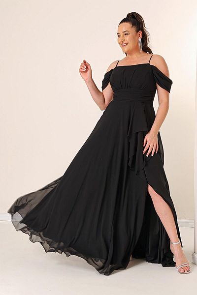 By Saygı Rope Strap Front Ruffle Low Sleeve Lined Plus Size Chiffon Dress