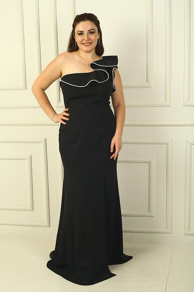 By Saygı Plus Size One Shoulder Jewelled Slit Lined Long Crepe Evening Dress