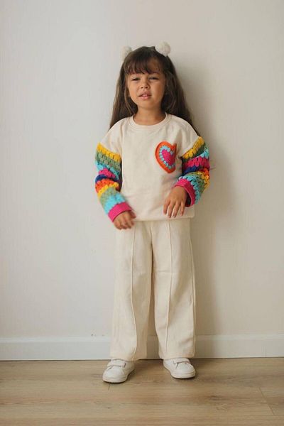 MY TRAY Girl's Charded Bottom Top Suit White Sleeves Knitted Detail