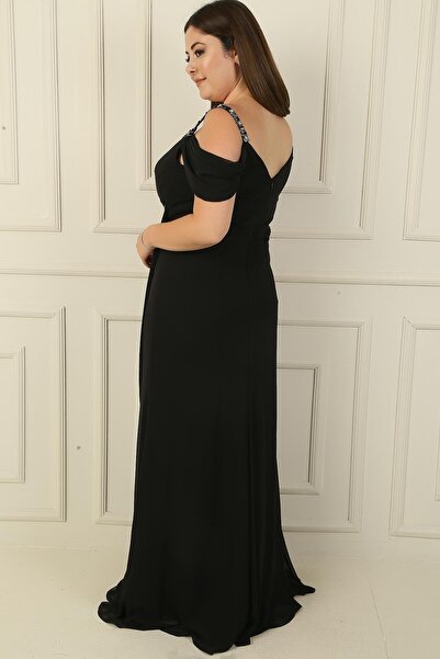 By Saygı Women's Stone Detail Strap Low Sleeve Side Pocket Scarf Strap Plus Size Chiffon Long Dress