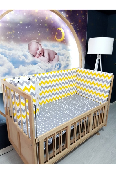 Baby Clime 70x130 Beşik Kenar Korumalık 4 Parça - Gri Sarı Zigzag Yıldız Dese...