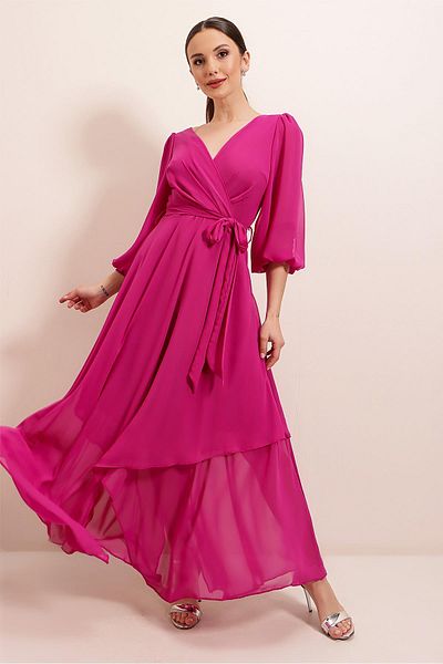 By Saygı Double Breasted Balloon Sleeve Long Chiffon Dress
