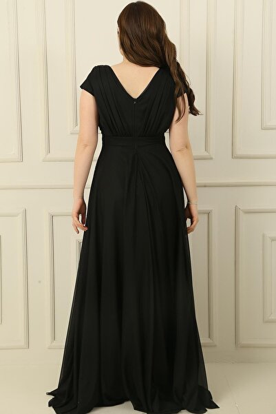 By Saygı Двуредна яка, подплатена с нокти, ръкави, пълен кръг, разкроена, шифон, тюл, дълга рокля с голям размер