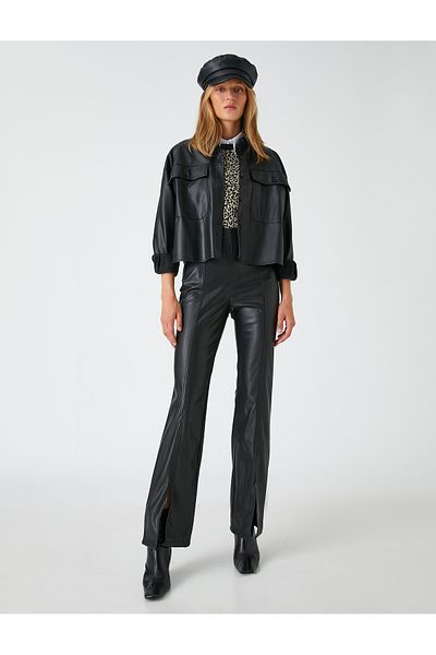 Koton Faux Leather Trousers with Slit Detail