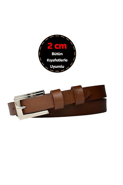 GoDeri Λεπτή γυναικεία ζώνη ανοιχτό καφέ 2 cm - 100% γνήσιο δέρμα, ασημί αγκράφα; Ζώνη φορέματος και παντελονιού_DBÜYK