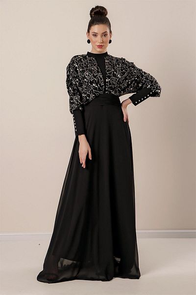By Saygı Bat Sleeves Sequin Gilded Lined Chiffon Hijab Dress