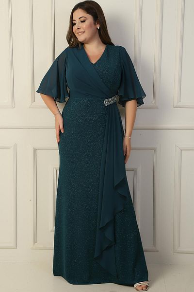 By Saygı Plus Size Chiffon Glitter Long Dress with Sleeves and Jewelled Accessories