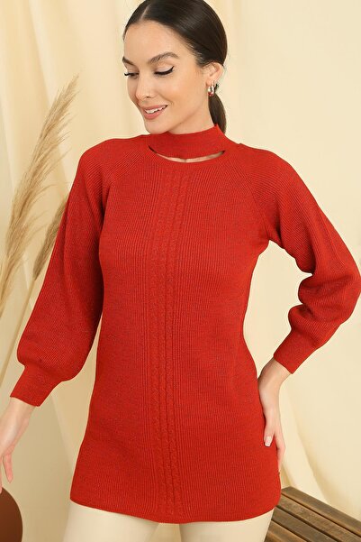 By Saygı Low-cut Neck Braided Pattern Plus Size Sports Tunic Sweater