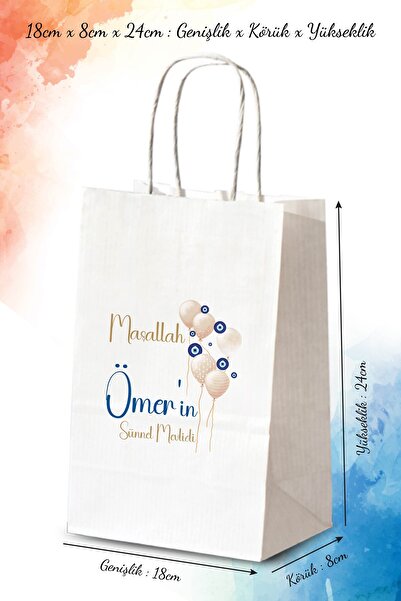nna tasarım 50 Adet Kişiye Özel Isim Baskılı Sünnet Hediyeliği Küçük Boy Kağıt Çanta/poşet 18x8x24 Cm(BT126)