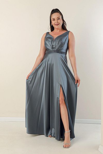 By Saygı V-Neck Thick Strap Waist Beaded Lined Plus Size Satin Long Dress