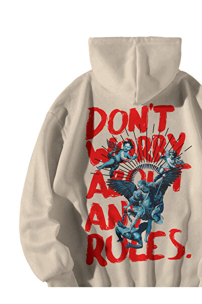 Scrovtie Unisex Krem Don't Worry About Any Rules Baskılı Oversize Kapşonlu Kanguru Cepli Sweatshirt Hoodie