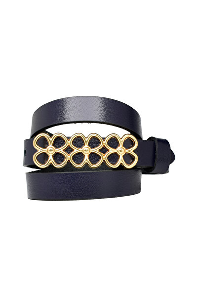 GoDeri %100 Hakiki Deri, Gold Renk Tokalı İnce 2 cm Lacivert Kadın Kemeri; Elbise, Pantolon Kemeri_3LÜÇİÇEK