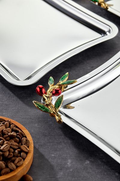 Milenay Elegante Square Series - Chrome Presentation Tray with Bacche Rosso Handle Pattern, 22X22Cm, 6 Pieces