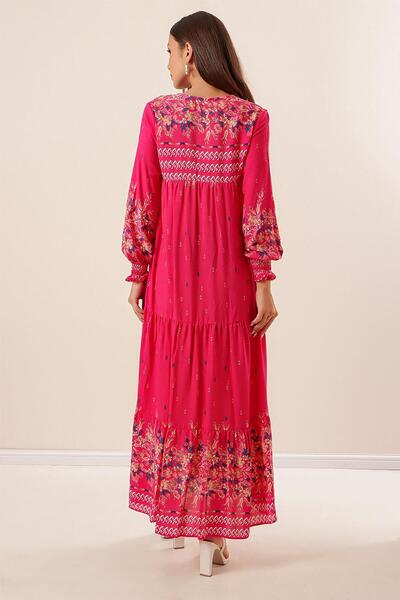 By Saygı Collar Lace Up Sleeve Gathered Patterned Long Viscose Dress