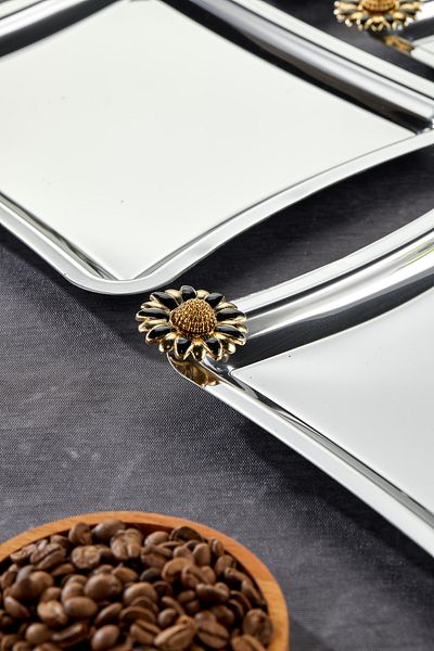Milenay Fiore Nero Handle Patterned Elegante Square Series - Chrome Presentation Tray, 22X22Cm, 6 Pieces