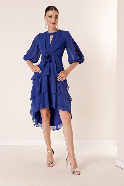 By Saygı Rochie din șifon, cu mâneci cu balon, cu brâu, detaliat în talie