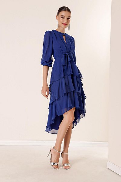 By Saygı Gestuftes Chiffonkleid aus Tüll mit Ballonärmeln und Taillengürtel