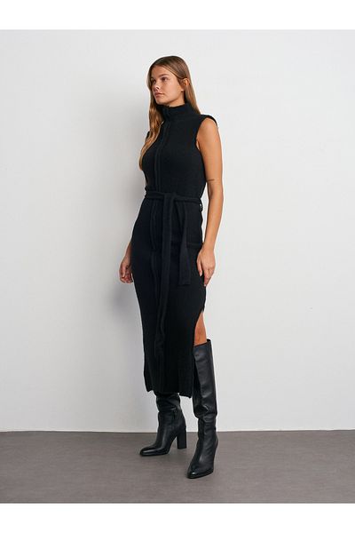 Dilvin 90237 Rochie de tricotaj detaliată cu cusături cu fante pentru guler în picioare-negru