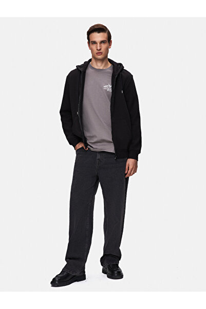 Ltb Kapüşonlu Fermuarlı Basıc Siyah Sweatshırt