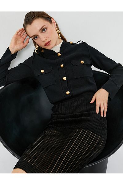 Koton Knitwear Cardigan Gold Button Pocket Epaulette Detailed