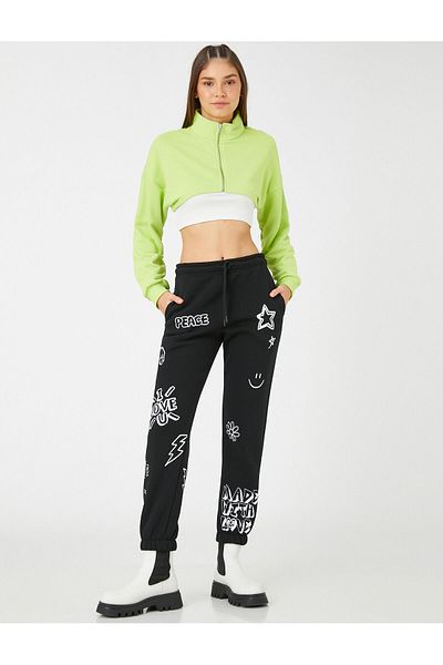 Koton Jogger Sweatpants Printed Tie Waist Elastic Legs Fleece Inside