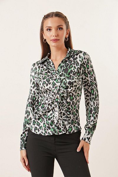 By Saygı Leopard Print Satin Shirt with Gathered Front