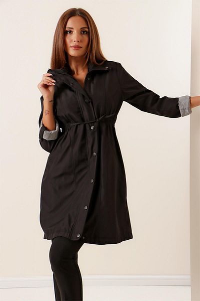 By Saygı Waist Tied Bad Square Sleeve Folded Lined Trench Coat