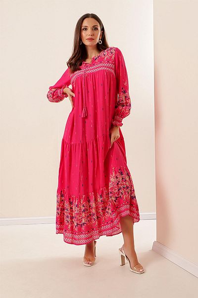 By Saygı Collar Lace Up Sleeve Gathered Patterned Long Viscose Dress