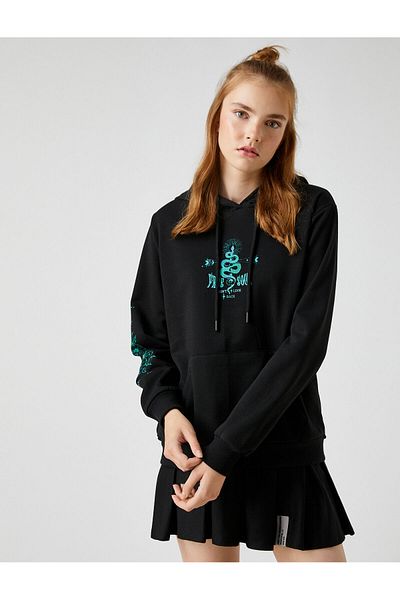 Koton Printed Sweatshirt Hooded With Fleece Inside