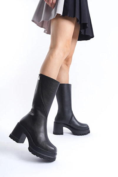 Shoesers Női középsarkú platformcsatos részletes cipzáras bőrcsizma