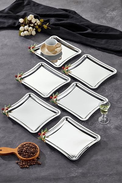 Milenay Elegante Square Series - Chrome Presentation Tray with Bacche Rosso Handle Pattern, 22X22Cm, 6 Pieces