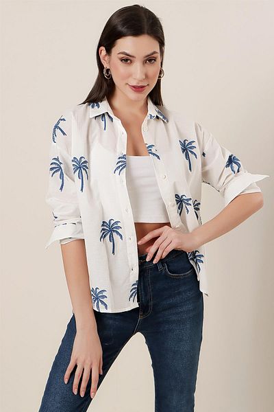 By Saygı Palm Pattern Embroidered Oversize Linen Shirt