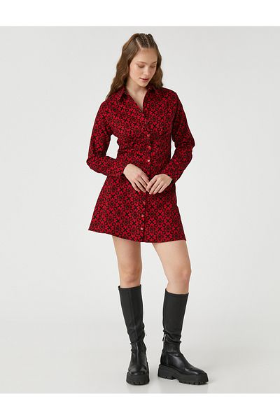 Koton Geblümtes Hemdkleid mit langen Ärmeln und Knopfmanschettenkragen