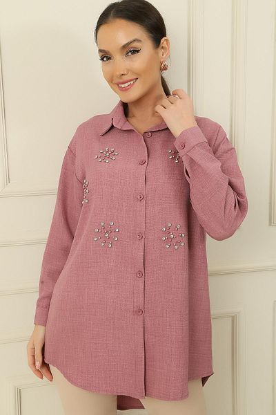 By Saygı Linen Effect Shirt with Pearl-Stone Detail
