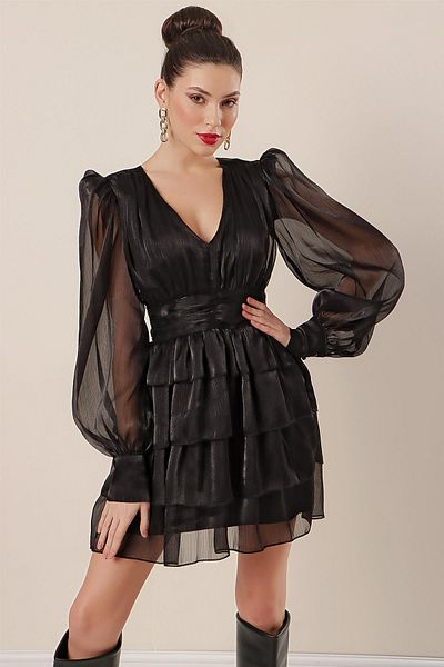 By Saygı V Neck Lined Ruffled Organza Dress